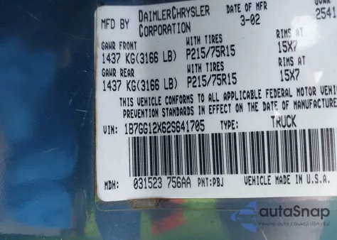 2002 Dodge Dakota z USA, uszkodzony, nr VIN 1B7GG12X62S641705